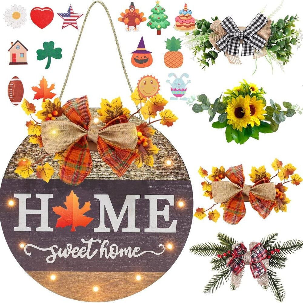 Interchangeable Seasonal Welcome Sign Front Door Decoration with 4 Seasonal Wrea